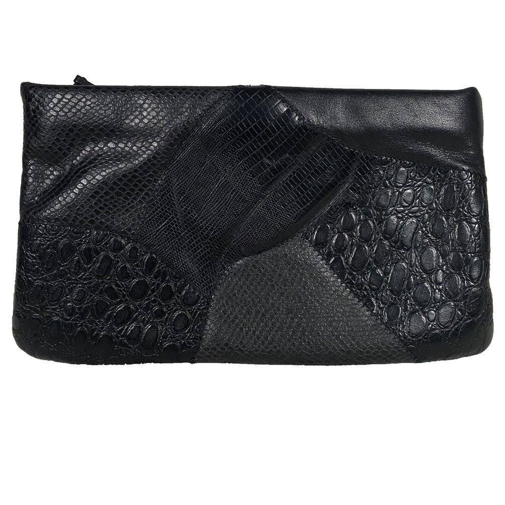 Women's Black Leather Patchwork Clutch Musa Handbag Made In Brazil Purse Boho